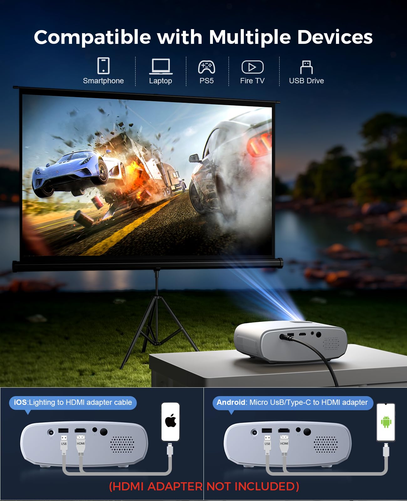 Mini Projector 1080P HD Screen Sync