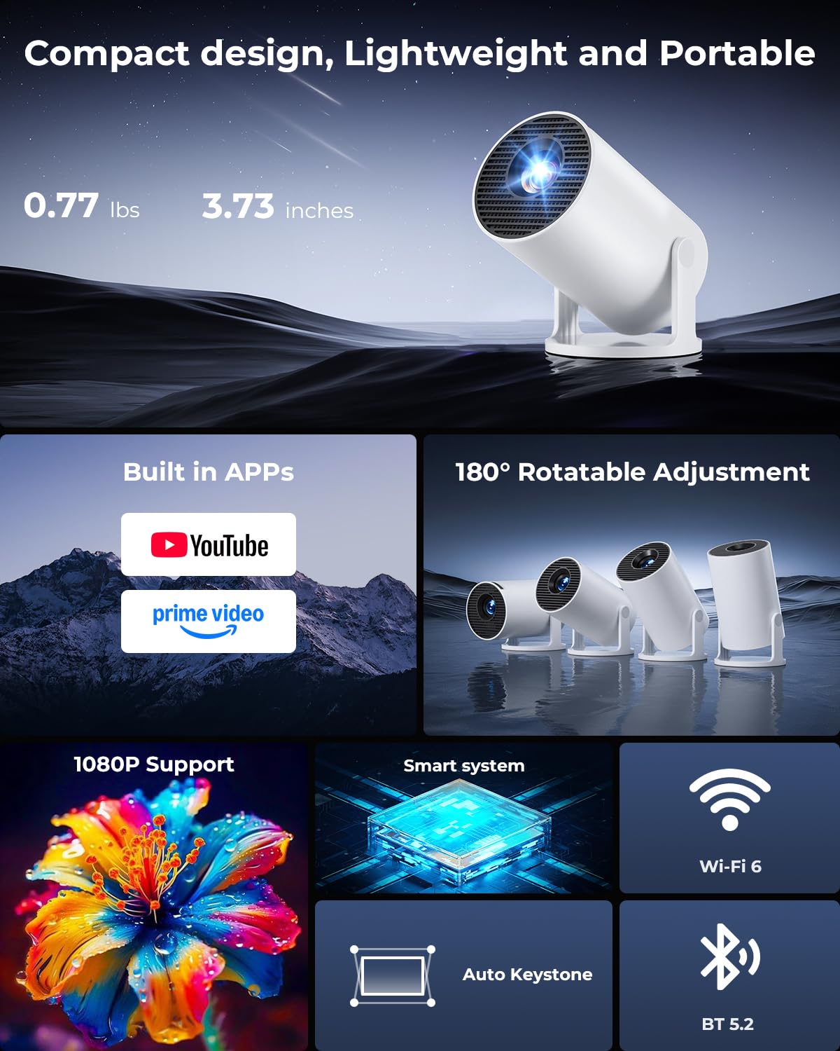 Mini Smart Projector WiFi Bluetooth 4K Support