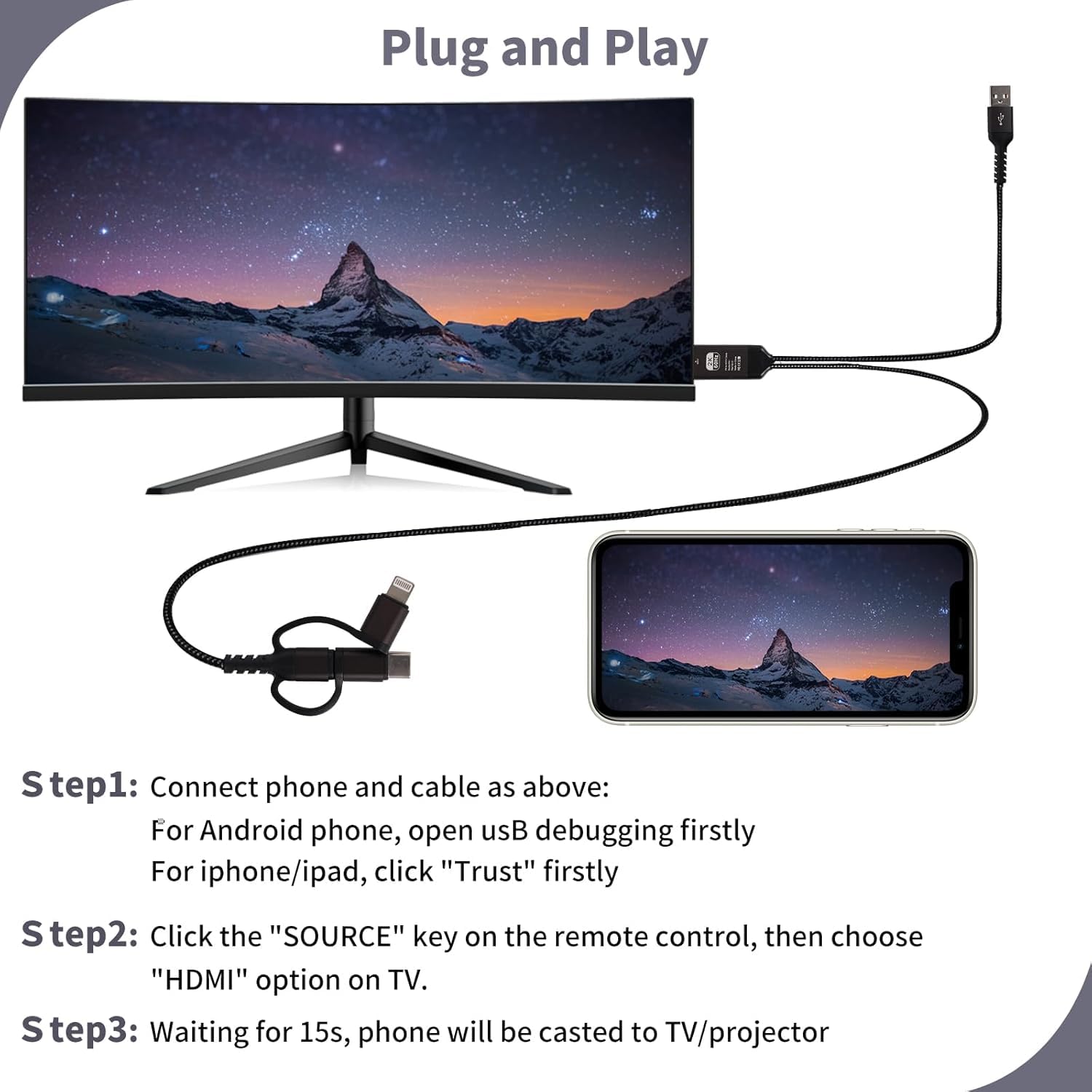 3 in 1 HDMI Mirroring Cable 2K 60Hz