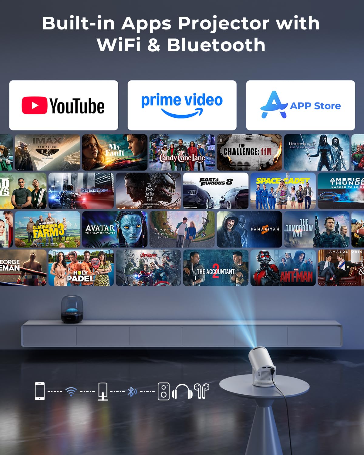 Mini Smart Projector WiFi Bluetooth 4K Support