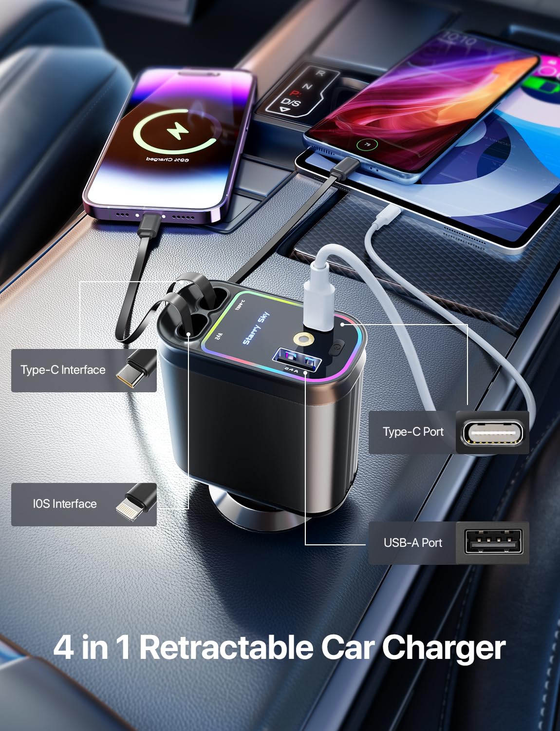 66W Retractable Car Charger 4 in 1 USB-C Cable