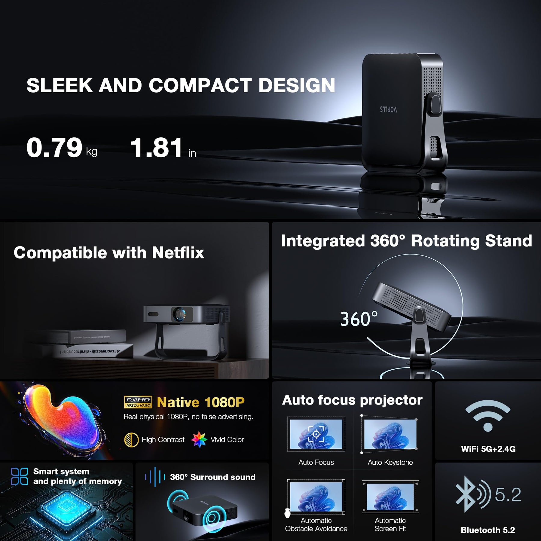 Smart Mini Projector 1080P WiFi Bluetooth