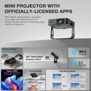 Mini Smart Projector 1080P WiFi Bluetooth 4K Support