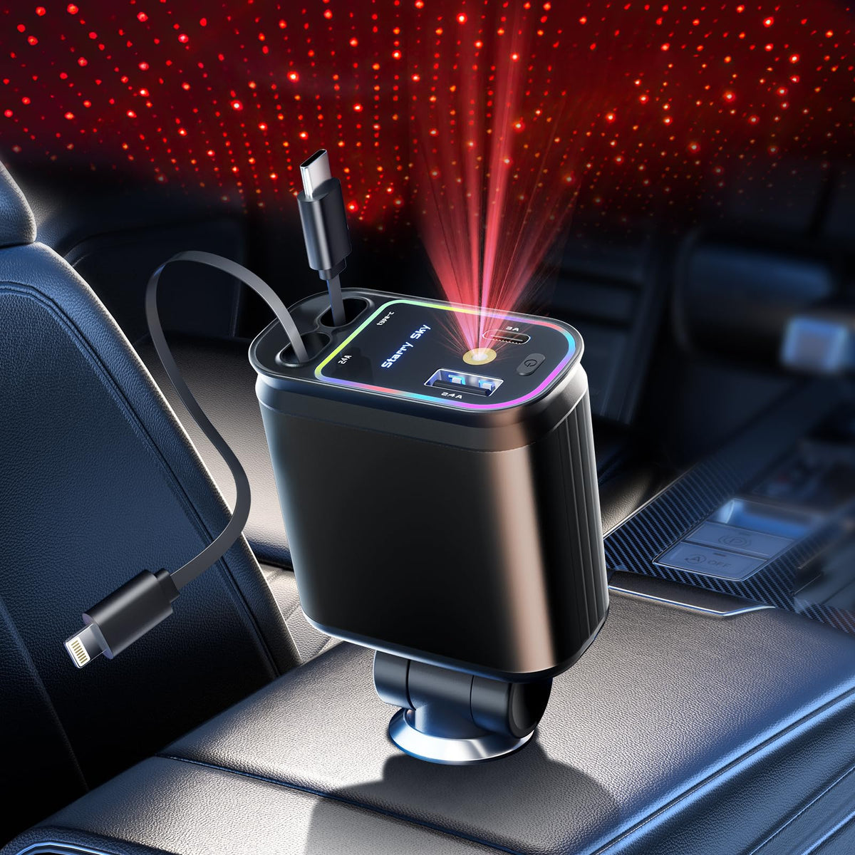 66W Retractable Car Charger 4 in 1 USB-C Cable