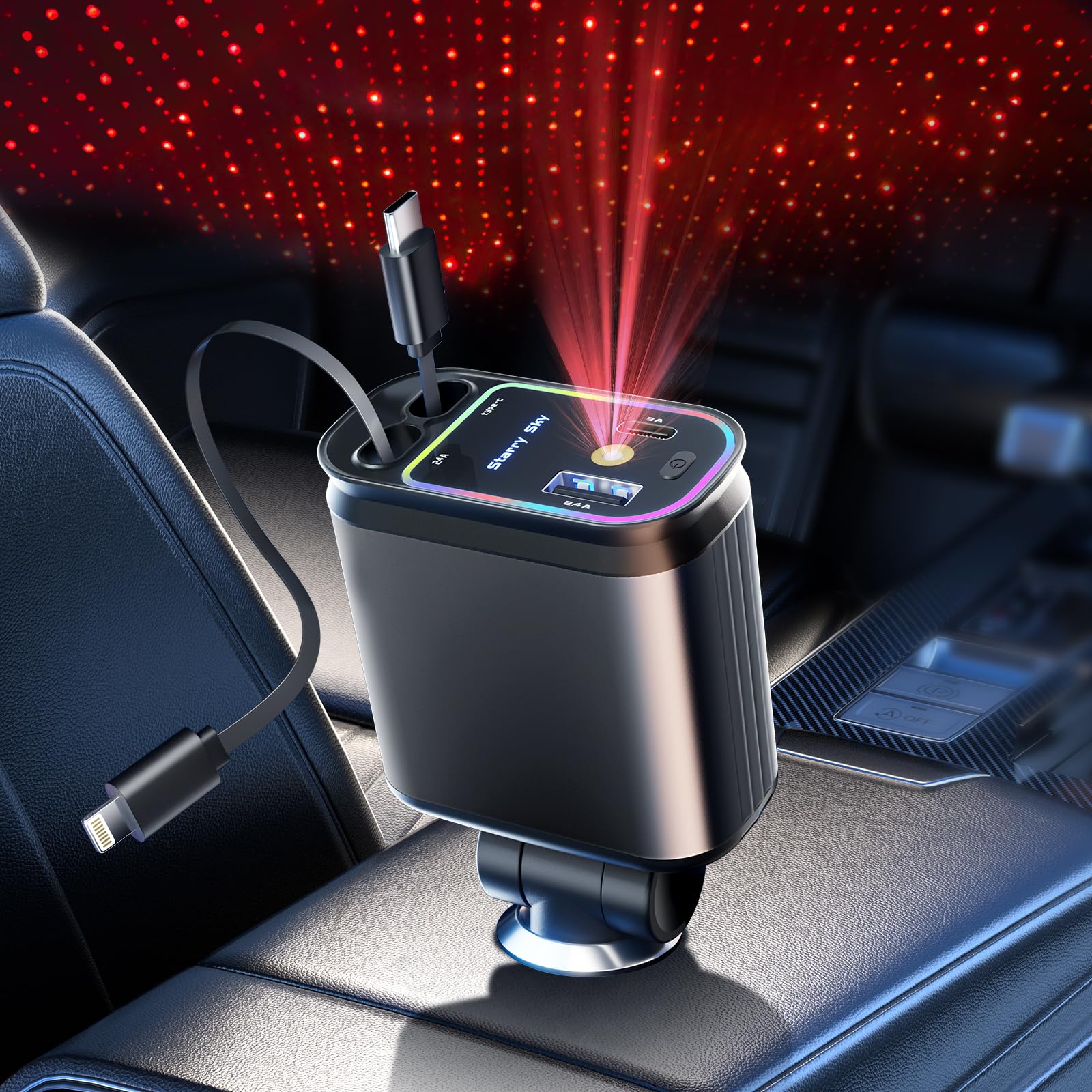 66W Retractable Car Charger 4 in 1 USB-C Cable