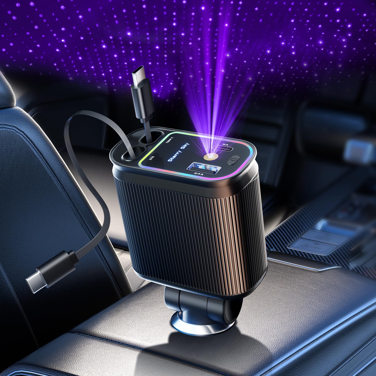 66W Retractable Car Charger 4 in 1 USB-C Cable